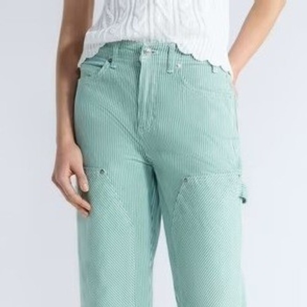 FREE ASSEMBLY Relaxed Fit Carpenter Jeans Sz 14 Green & White Striped Denim NWT - Picture 5 of 16